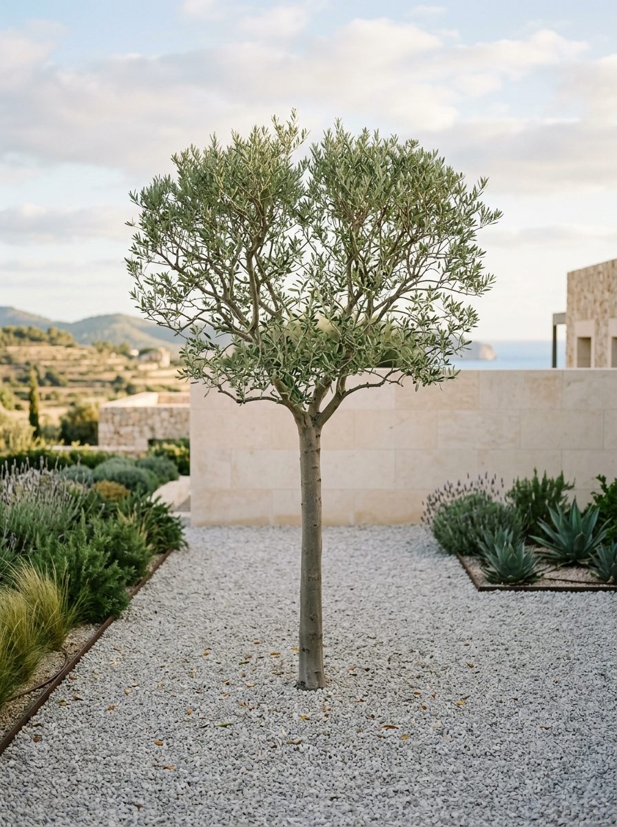 Mediterraner Garten mit Olivenbaum und Natursteinmauer auf Mallorca