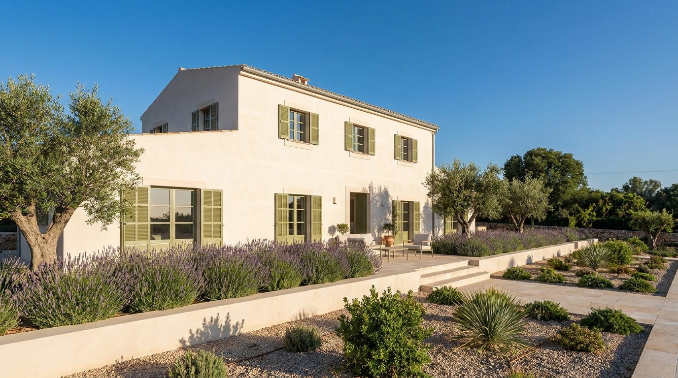 Renovated Mediterranean facade of a house in a coastal urbanisation near Llucmajor, Mallorca