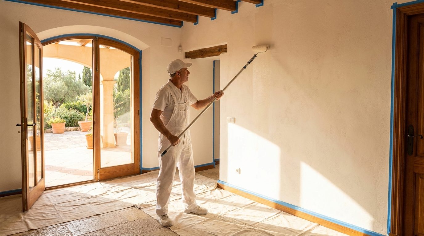 Painter at work on an interior wall on Mallorca