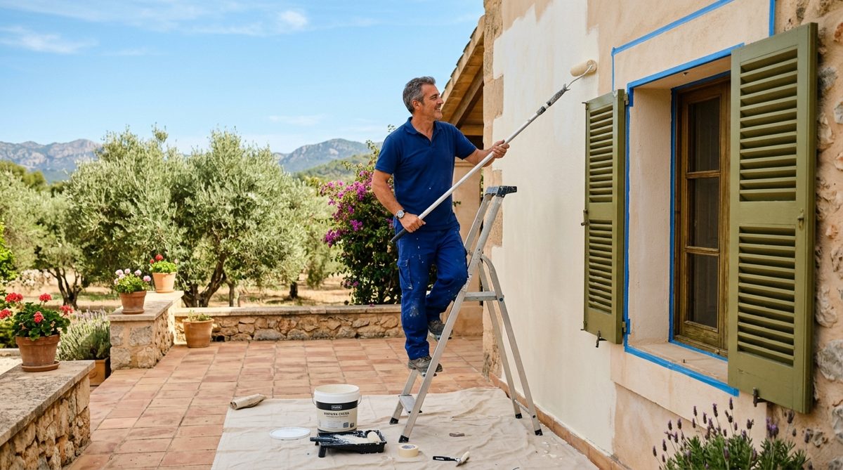 Professioneller Maler streicht die verputzte Fassade einer Finca auf Mallorca