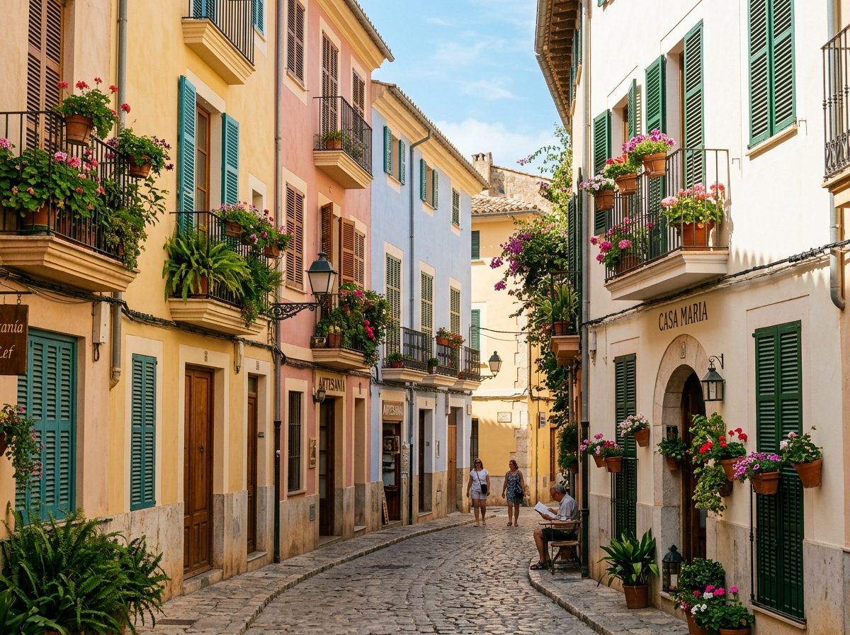 Sonnige Altstadtgasse mit gestrichenen Stadthausfassaden im Casco Antiguo von Palma de Mallorca