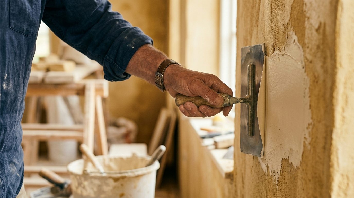 Handwerker trägt Spachtelmasse für eine Stucco-Oberfläche auf eine Wand auf, Mallorca