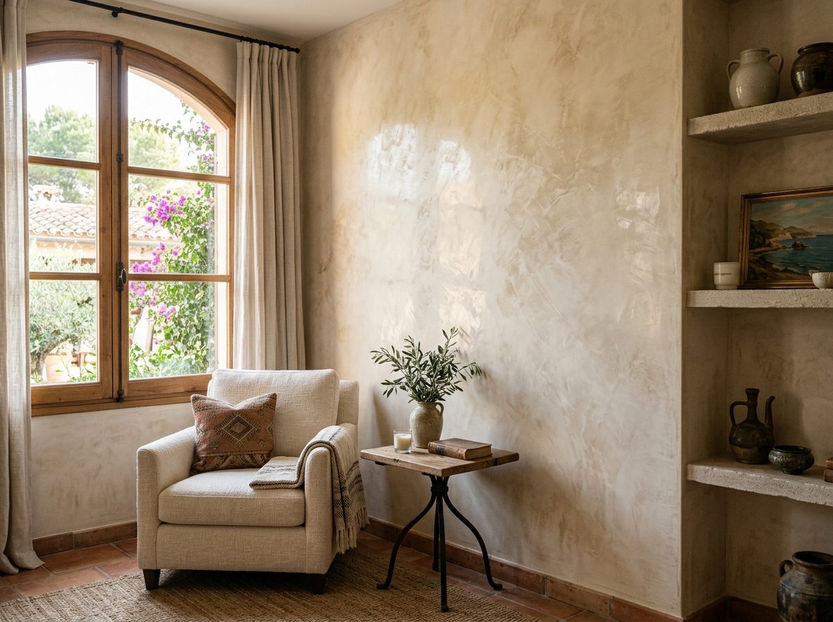 Polierte Stucco-Veneziano-Wand in einem Wohnraum auf Mallorca