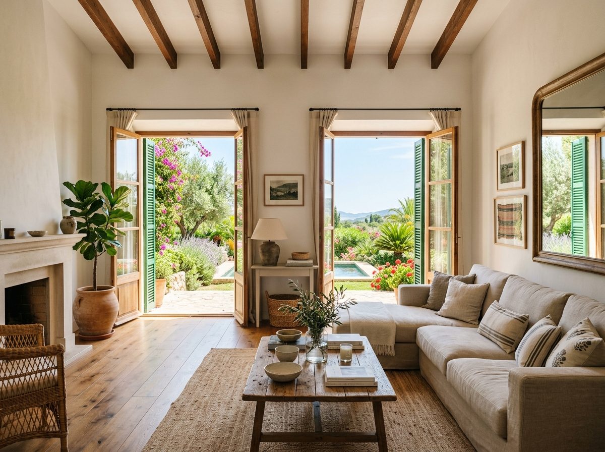 Heller, frisch gestrichener Wohnraum in einer Villa auf Mallorca