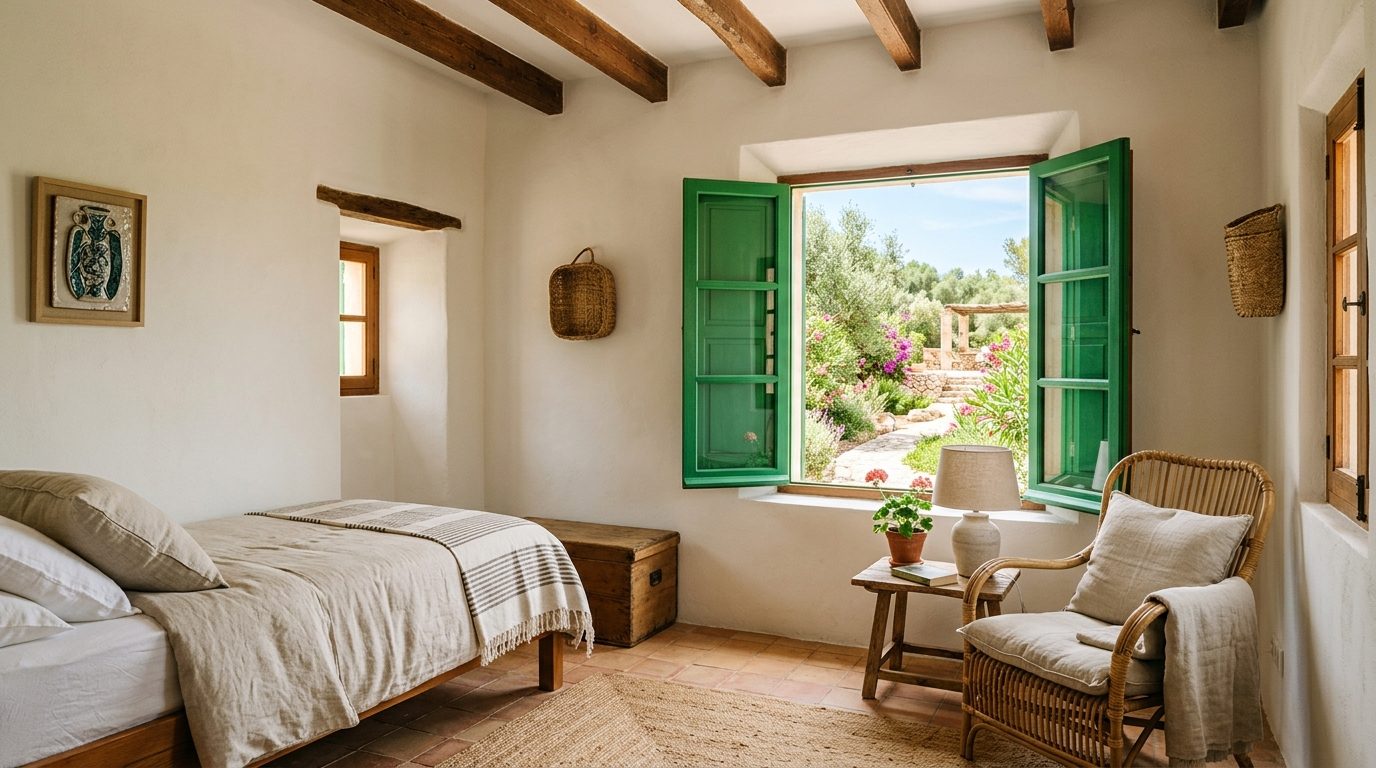Frisch gestrichenes Finca-Schlafzimmer mit grünen Fensterläden auf Mallorca